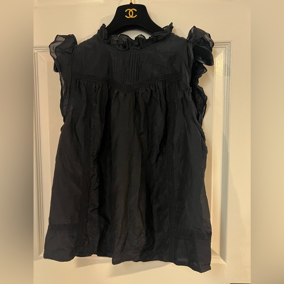 J. Crew Flutter-sleeve top cotton silk voile Black size S lace trim ruffleneck - Picture 5 of 12